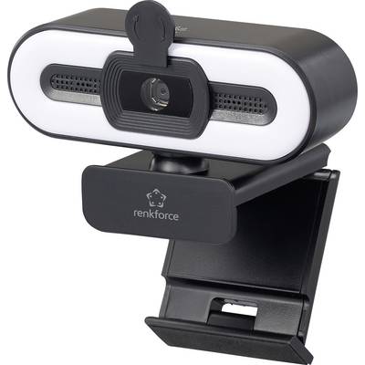 Eine schwarz-weiße einstellbare Webcam mit integriertem Ringlicht, montiert auf einer Klammer, die für die Befestigung an einem Computermonitor konzipiert ist.