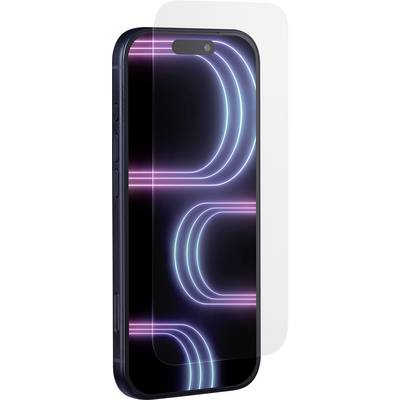 Ein Smartphone mit einem leuchtend neon-blauen und -rosa geschwungenen Liniendisplay, teilweise verdeckt von einem transparenten Displayschutz.