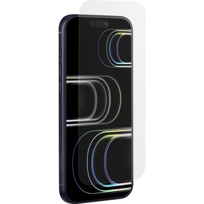 Ein Smartphone mit teilweise aufgeklebter Schutzfolie, das ein schlankes schwarzes Design mit bunten Spiegelungen auf dem Bildschirm zeigt.