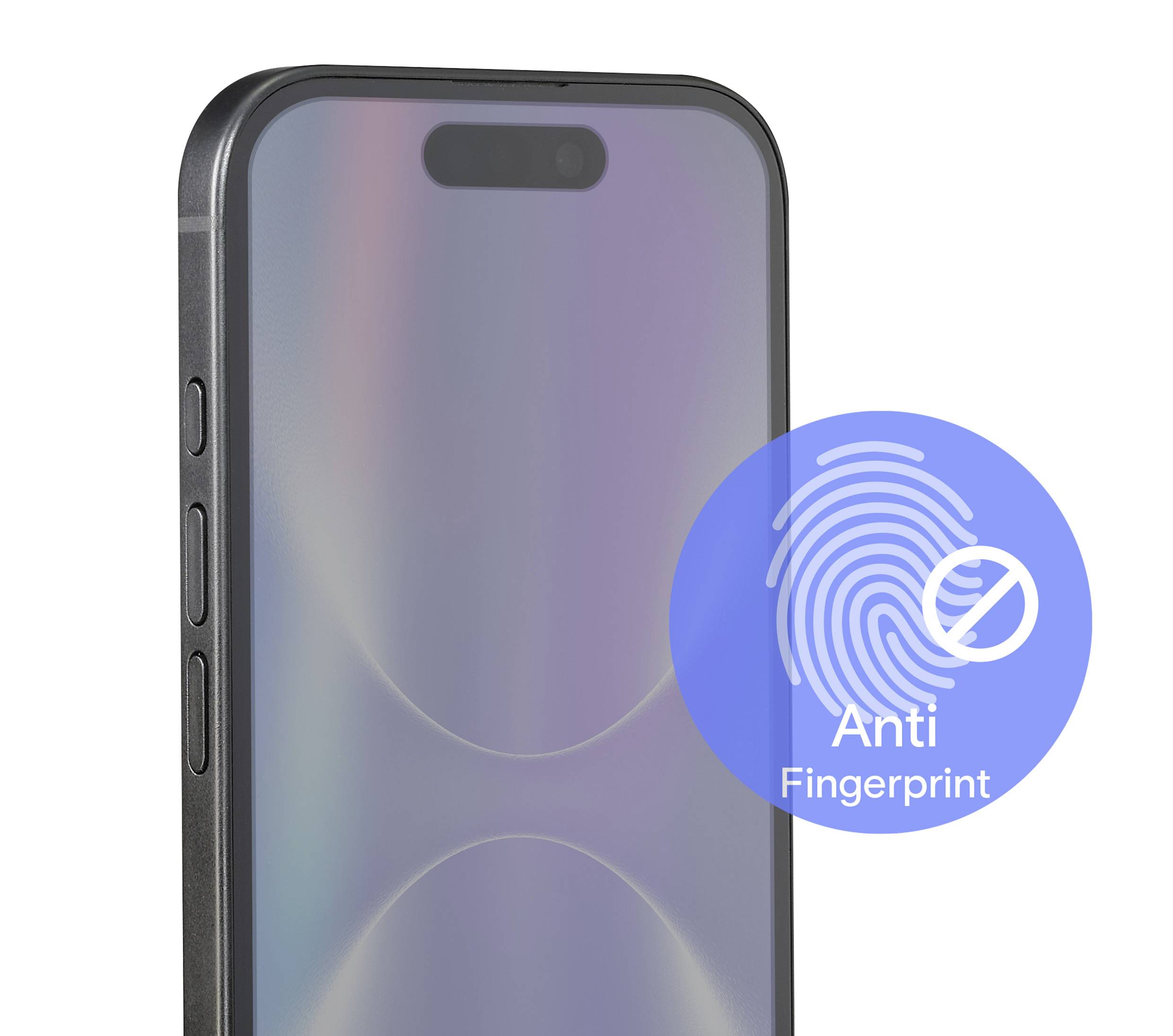 Smartphone-Bildschirm, der ein ‚Anti-Fingerabdruck'-Symbol mit einem durchgestrichenen Fingerabdruck zeigt, was eine Schutzfunktion gegen Verschmutzungen signalisiert.