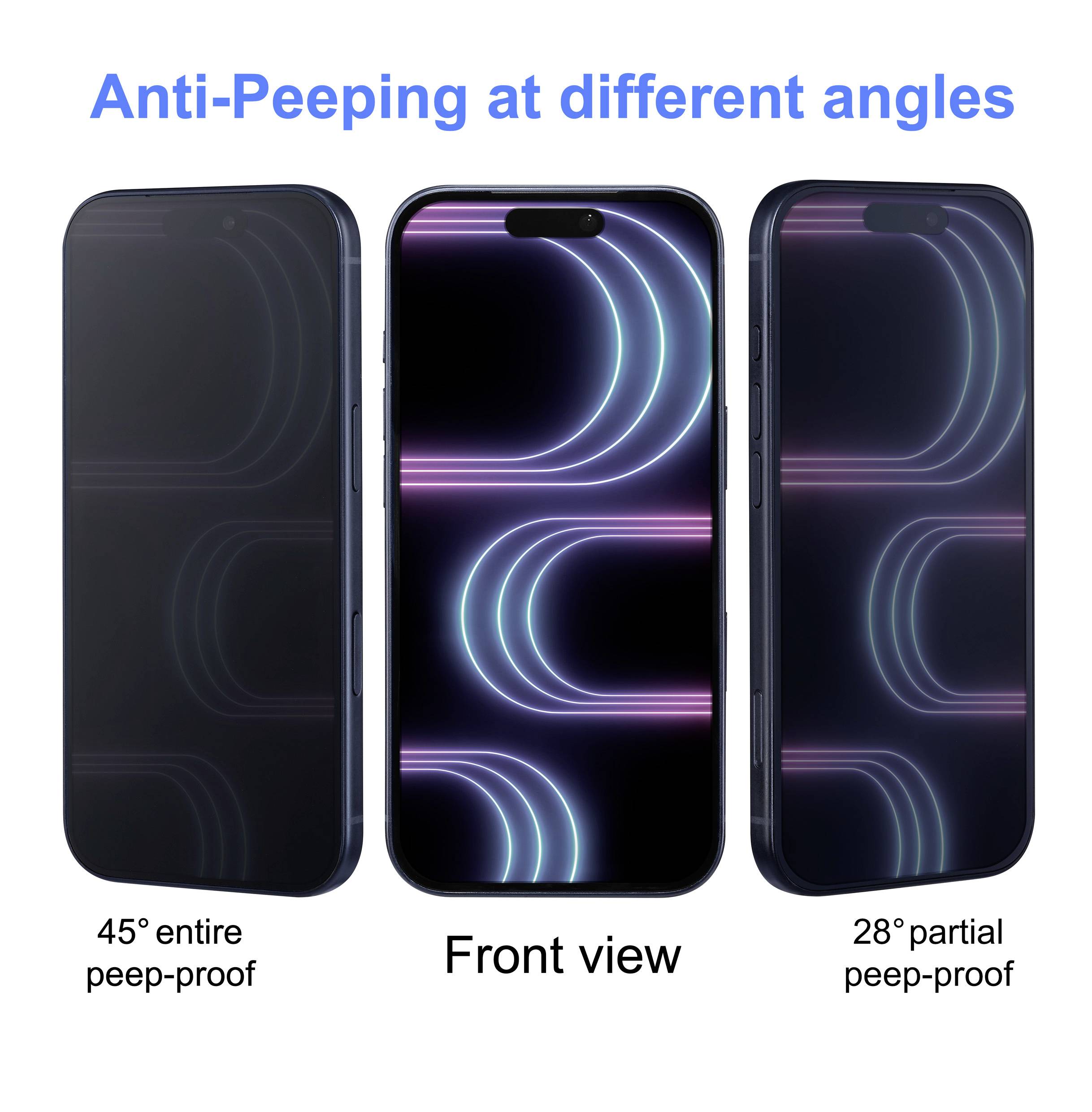 Drei Smartphones, die ein gekrümmtes Neonlichtmuster auf den Displays zeigen: Links in einem 45°-Winkel mit Sichtschutzeffekt, mittig von vorne, rechts in einem 28°-Winkel mit teilweisem Sichtschutzeffekt, wobei die Anti-Späh-Funktion hervorgehoben wird.