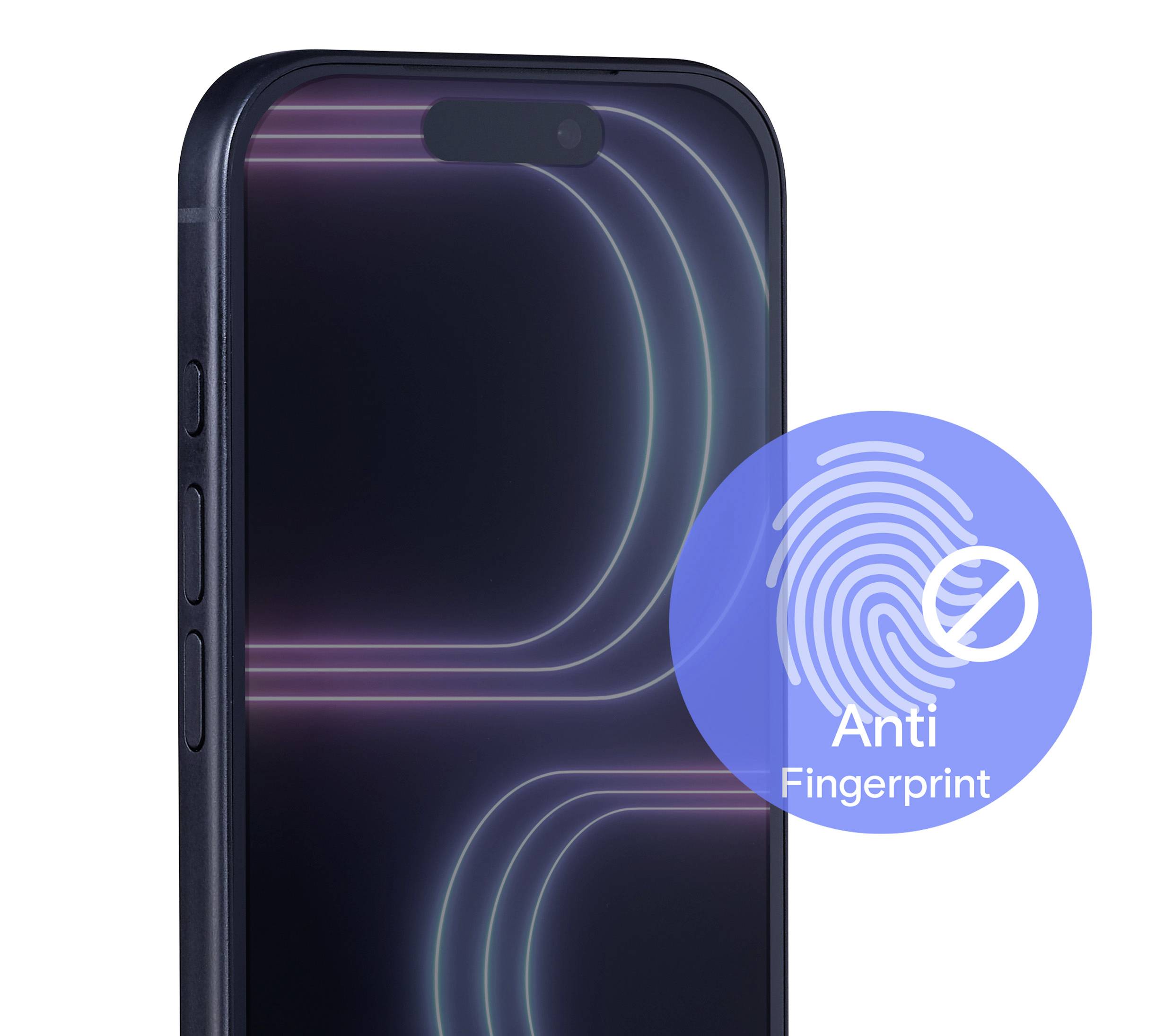 Ein Smartphone mit einem dunklen Bildschirm, auf dem Neonlinien zu sehen sind und ein ‚Anti-Fingerabdruck'-Symbol, das die Widerstandsfähigkeit des Bildschirms gegen Fingerabdrücke anzeigt.
