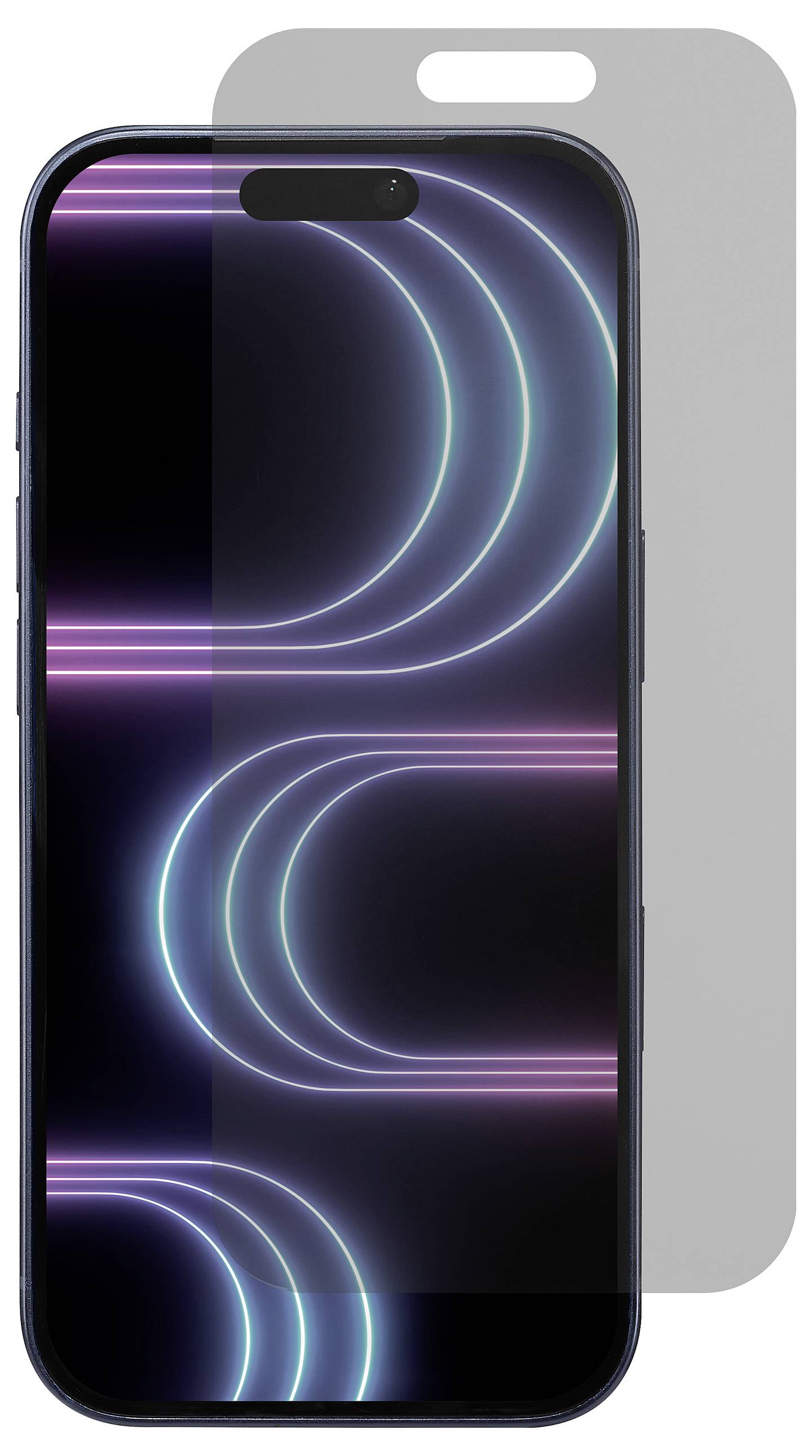 Ein Smartphone mit einem leuchtenden, abstrakten Lichtmuster auf dem Bildschirm. Das Gerät hat ein dunkles Gehäuse. Ein transparenter Displayschutz ist teilweise auf der rechten Seite überlappend.