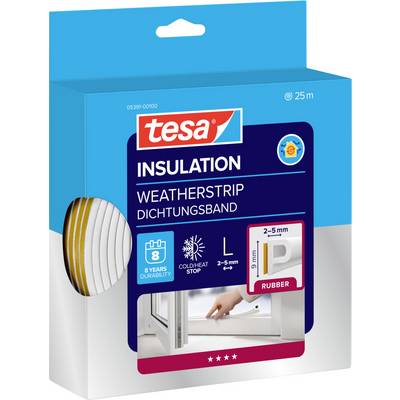 Verpackung von Tesa-Isolierungsdichtungsband, mit Angabe einer 25m-Rolle, hergestellt aus Gummi, für 2–5 mm breite Spalten. Zeigt die Montage in der Nähe eines Fensters.