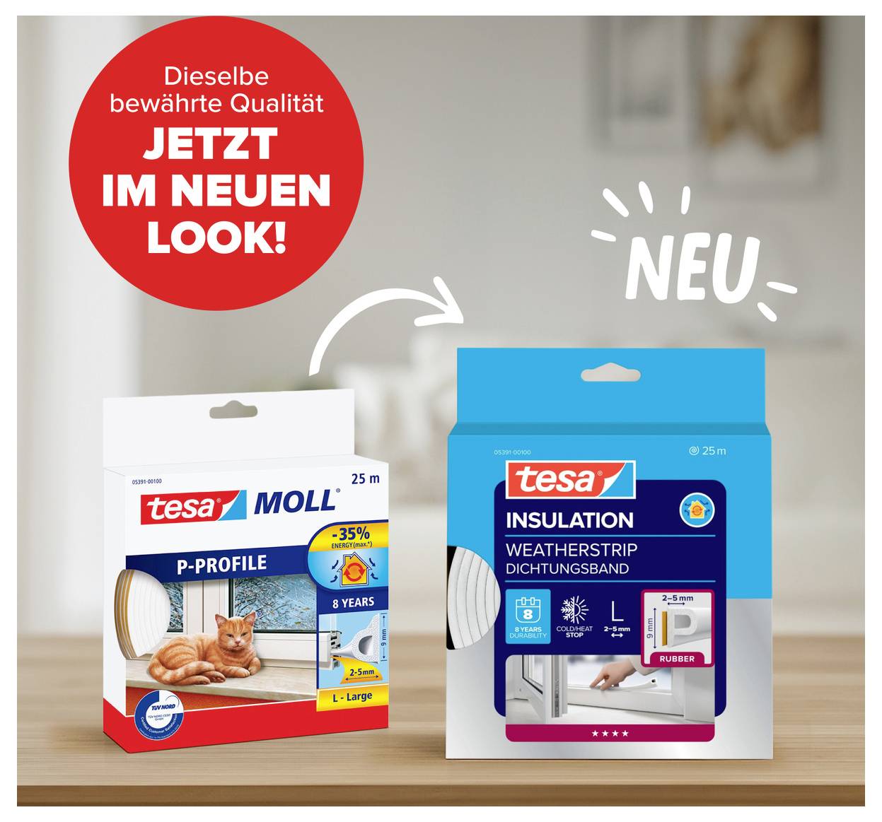 'Neue Verpackung für tesa Dichtungsband präsentiert. Links alte Verpackung mit Katze, rechts neue im frischen Design mit "NEU"-Hinweis.'