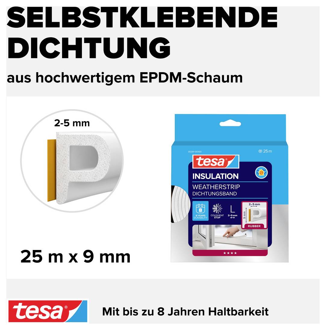 'Selbstklebende Dichtung aus hochwertigem EPDM-Schaum, 25 m x 9 mm, langlebig bis zu 8 Jahre, Tesa Wetterstreifen-Dichtungsband.'