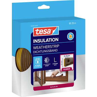 Produktverpackung für Tesa Isolier-Dichtungsstreifen. Highlights: haltbar für 8 Jahre, Kälte-/Wärmestopp, Dicke 2-5 mm, 25 m Rolle.