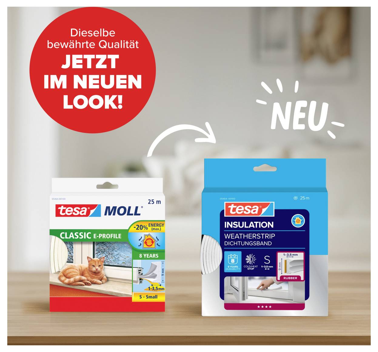 'Zwei verschiedene Tesa-Produkte, Dichtungsbänder im neuen Design. Eins für Energieeinsparung, das andere gegen Kälteisolierung.'