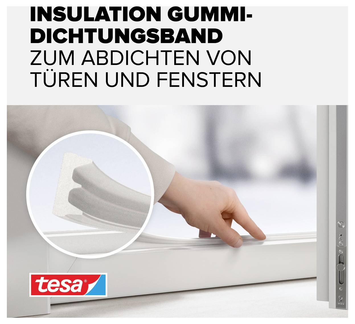 'Insulation Gummidichtungsband zum Abdichten von Türen und Fenstern' steht oben. Bild zeigt eine Hand, die ein Dichtungsband an einer Tür anbringt.