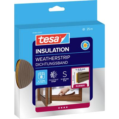 „Isolations-Dichtungsstreifen" Verpackung für Türen/Fenster von tesa. Eigenschaften: Kälte-/Wärmestopp, Gummimaterial, Größe S, 8 Jahre Haltbarkeit.
