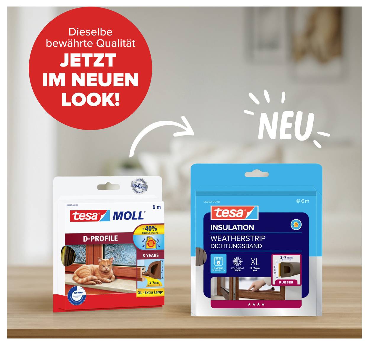 'Zwei Tesa-Produktverpackungen: links D-Profil für Türen, rechts Dichtungsband für Fenster, beide mit Aufschrift "Jetzt im neuen Look!“.'