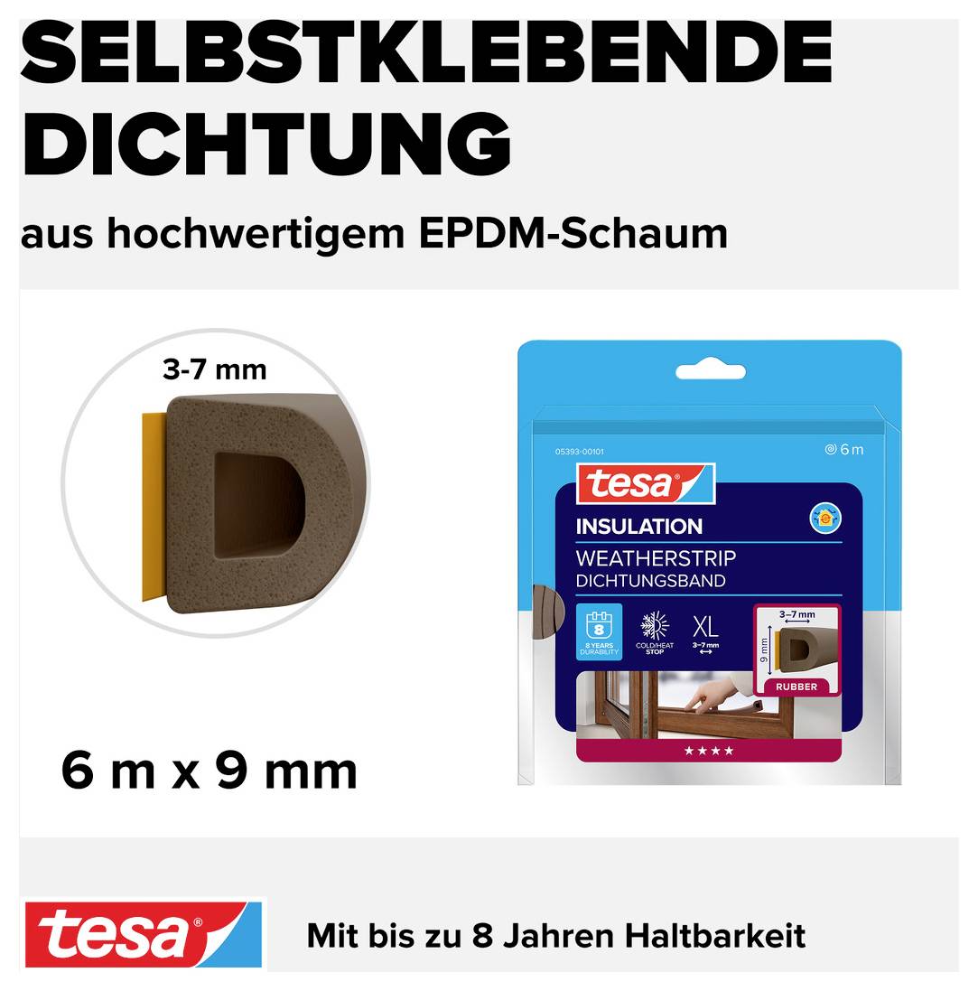 'Selbstklebende Dichtung aus hochwertigem EPDM-Schaum, 6 m x 9 mm, mit bis zu 8 Jahren Haltbarkeit. Wetterband-Abbildung.'
