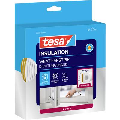 Paket für Tesa-Isolierabdichtung. Merkmale: XL-Größe, 3-7 mm, Gummimaterial. Highlights sind Kältewärmestop, 8 Jahre Haltbarkeit.