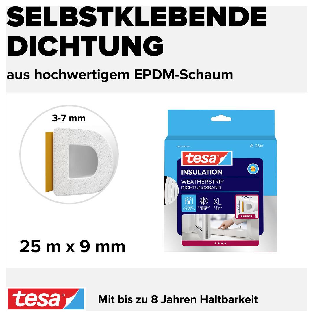 'Selbstklebende Dichtung aus hochwertigem EPDM-Schaum, 25 m x 9 mm. Illustration der Dichtung und Verpackung mit Produktdetails.'