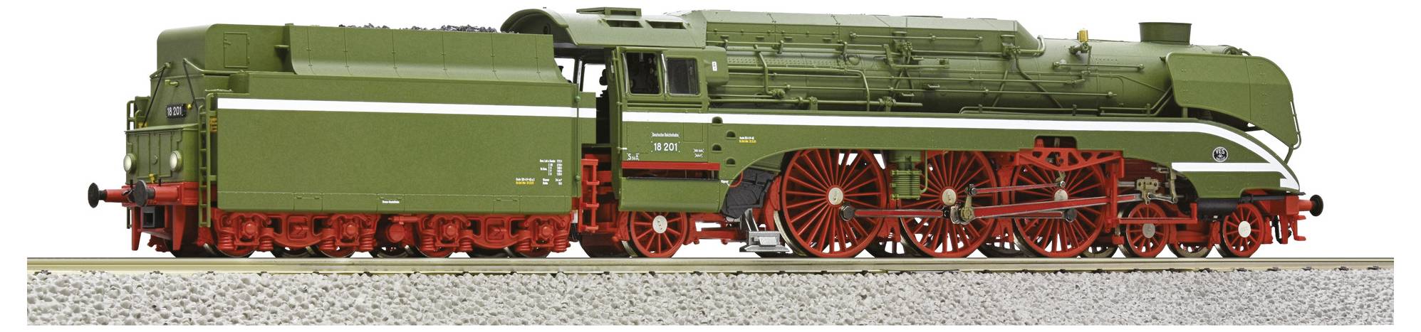 Grünes Dampflokomotivmodell mit roten Rädern und weißen Akzenten steht auf einem Gleis. Detaillierte Darstellung der Mechanik.