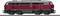 Eine rote Diesellokomotive der Deutschen Bahn steht auf einem Gleis. Sie hat eine silberne Oberseite und schwarze Räder.