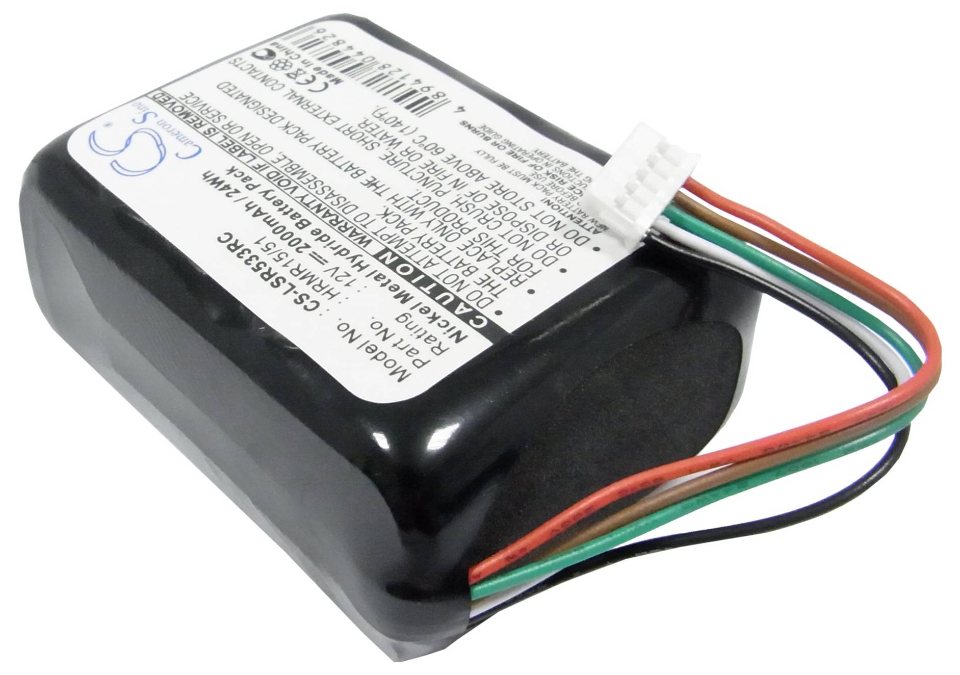 Ein schwarzer, rechteckiger Akku mit Kabeln und einem weißen Stecker. Ein Etikett mit technischen Informationen befindet sich oben.