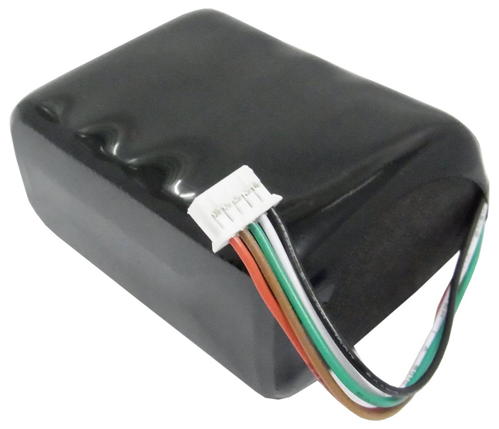 Schwarze Lithium-Ionen-Batterie mit angeschlossenem Kabelstrang, bestehend aus weißen, roten, grünen und schwarzen Drähten.