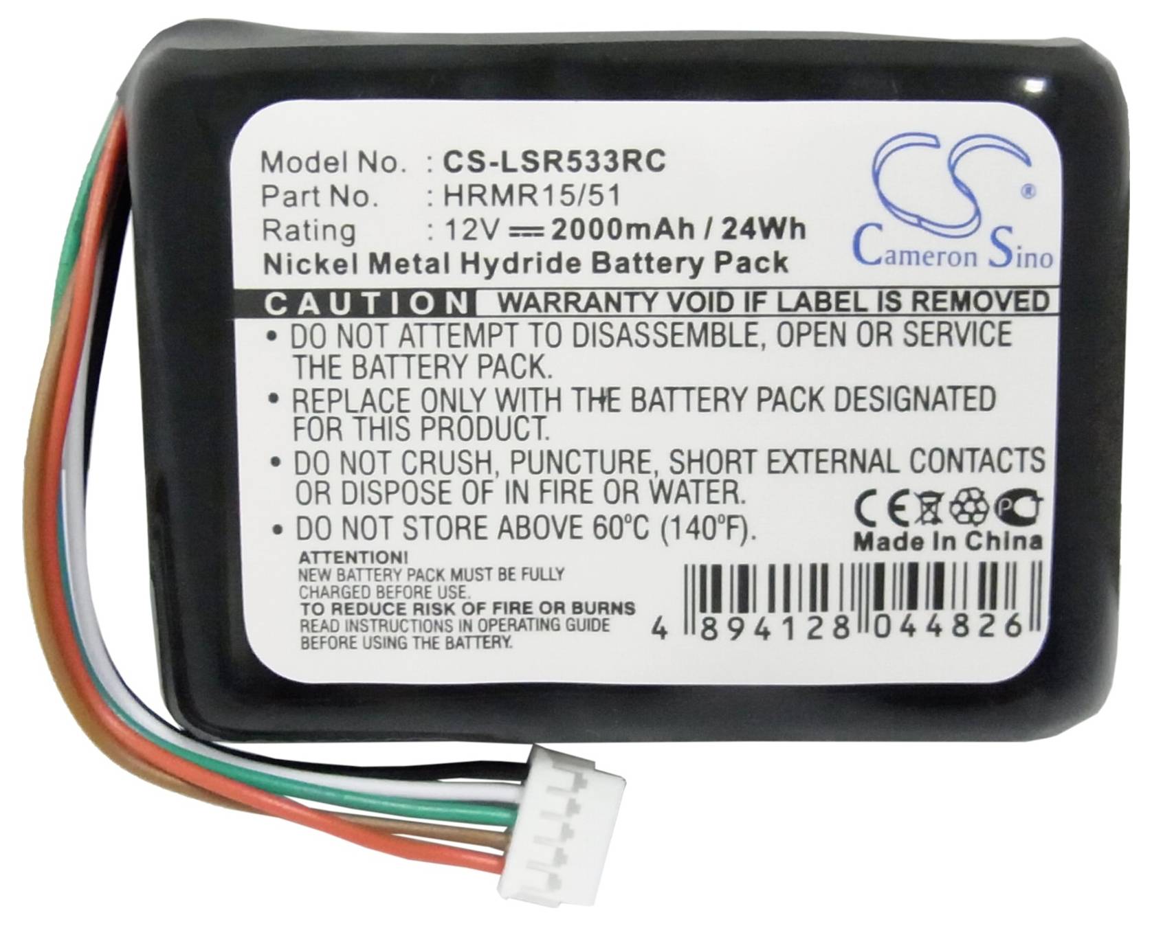 Batteriepack aus Nickel-Metallhydrid; 12V, 2000mAh, 24Wh. Warnung: Nicht öffnen oder verbrennen. Nur angegebenes Ladegerät verwenden.