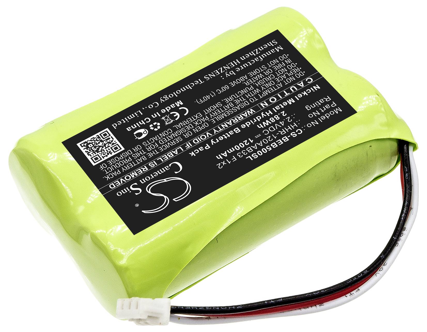Grünes Lithium-Batteriepack mit Kabeln und schwarzem Etikett, das technische Spezifikationen und Sicherheitsinformationen anzeigt.