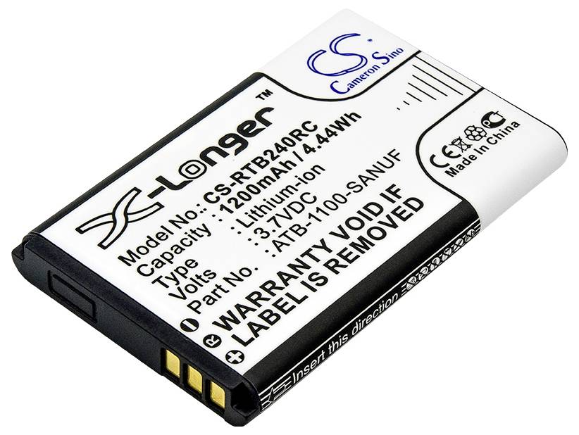 Ein weißer Lithium-Ionen-Akku mit Aufdruck. Kapazität: 1200mAh, Spannung: 3.7V, hergestellt in China. Hinweis zur Garantie bei Entfernung des Etiketts.