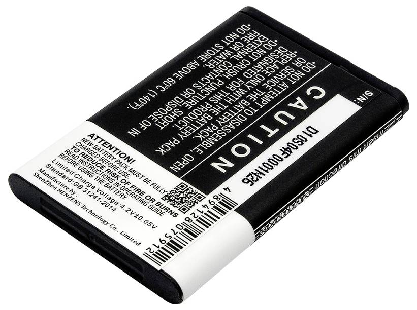 'Lithium-Ionen-Akku mit Warnhinweisen und technischen Spezifikationen in Englisch, zeigt die Rückseite mit Barcode und Herstellerinformationen.'