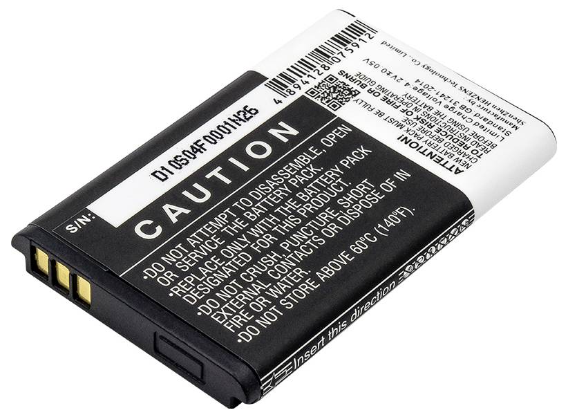 Ein Lithium-Ionen-Akku mit Warnhinweisen zur Sicherheit. Der Akku ist flach und rechteckig mit sichtbaren Kontakten auf einer Seite.