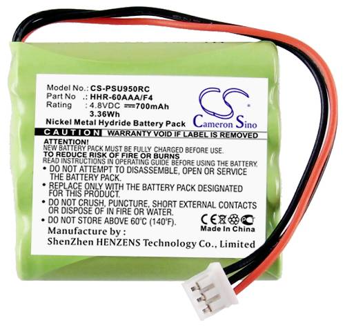 Ein grüner Nickel-Metallhydrid-Akku mit schwarzem und rotem Kabel. Beschriftung weist auf Betriebsspannung 4,8V und Kapazität 700mAh hin.