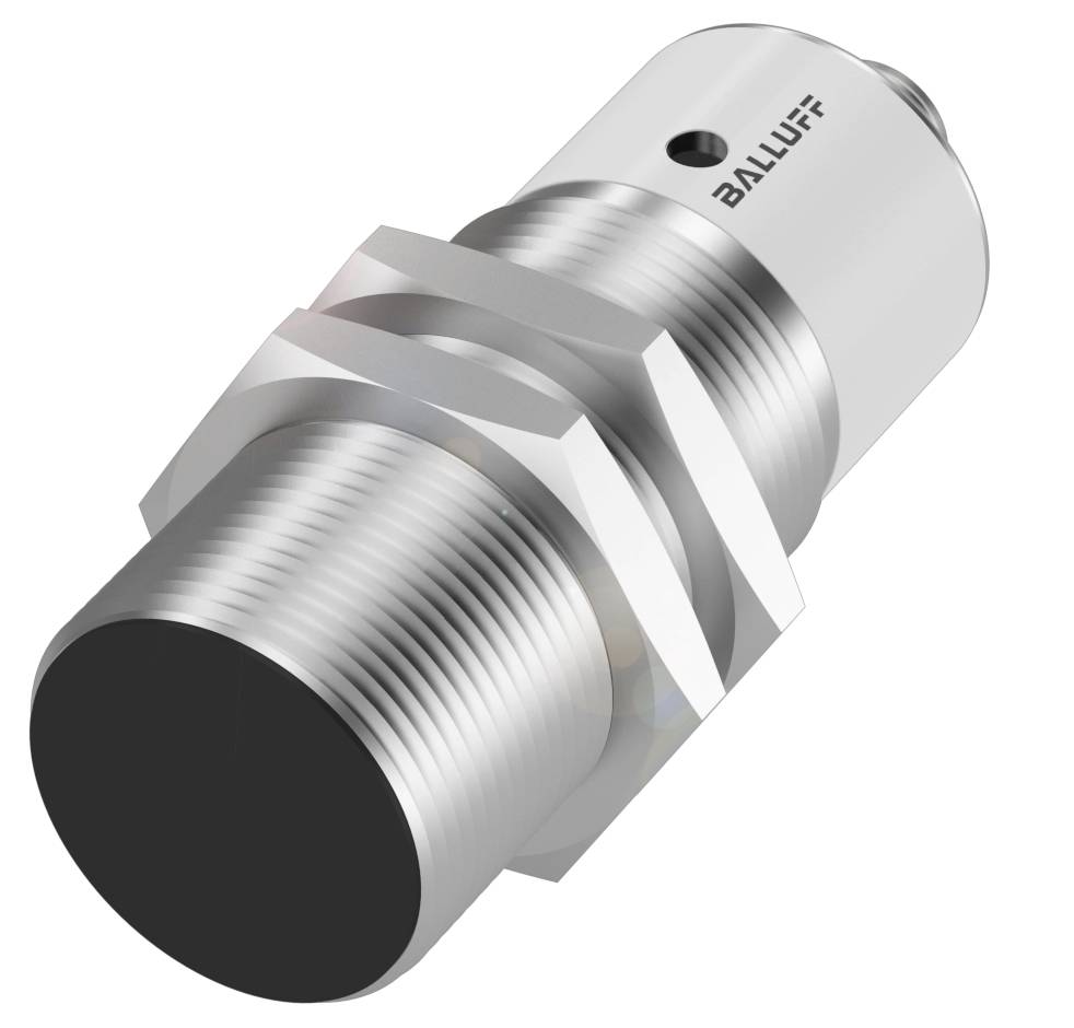 Induktiver Sensor mit zylindrischem Metallgehäuse, Gewindefläche und einem markierten Herstellerlogo auf dem Gehäuse.