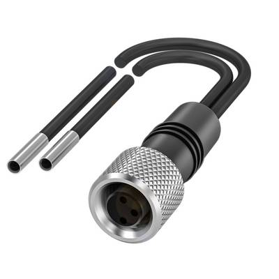 Ein silberner und schwarzer Koaxialstecker mit zwei schwarzen Kabeln. Der Stecker hat ein gerändeltes Design und ist unverbunden.