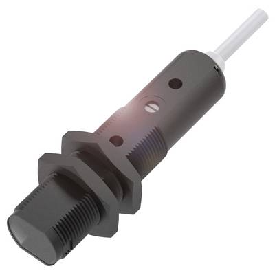 Ein schwarzer, zylindrischer Sensor mit Kabelanschluss. Er hat zwei Befestigungsmuttern und ist für den industriellen Einsatz geeignet.