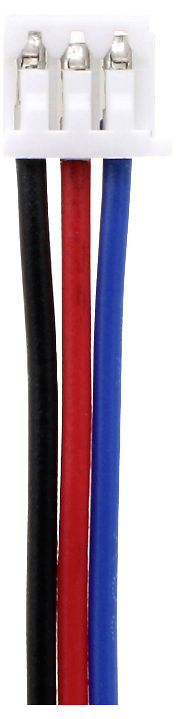 Ein vierpoliger Stecker mit Kabeln in den Farben Schwarz, Rot, Blau und Grün, die von oben nach unten verlaufen.