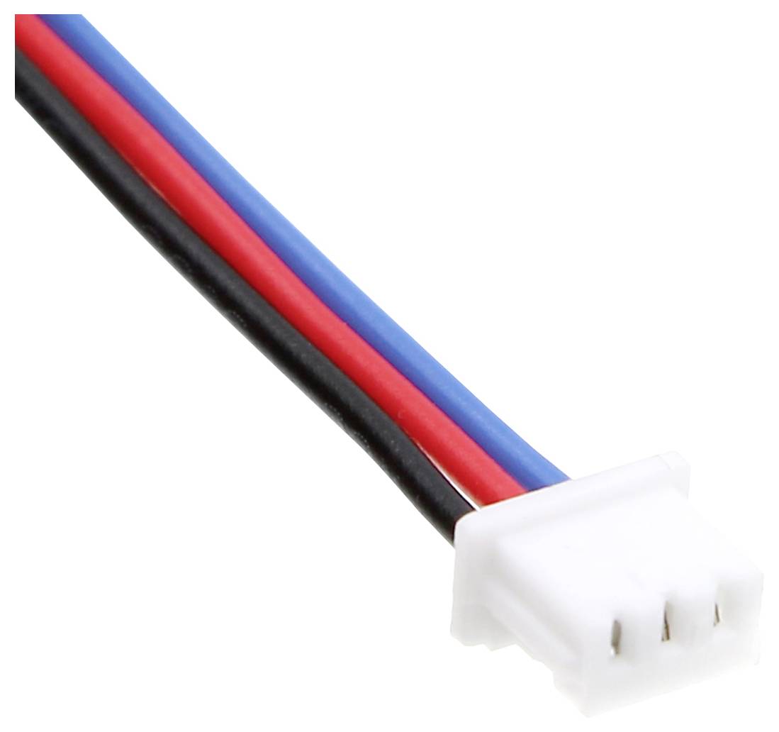 Ein dreipoliger JST-Stecker mit roten, schwarzen und blauen Kabeln.