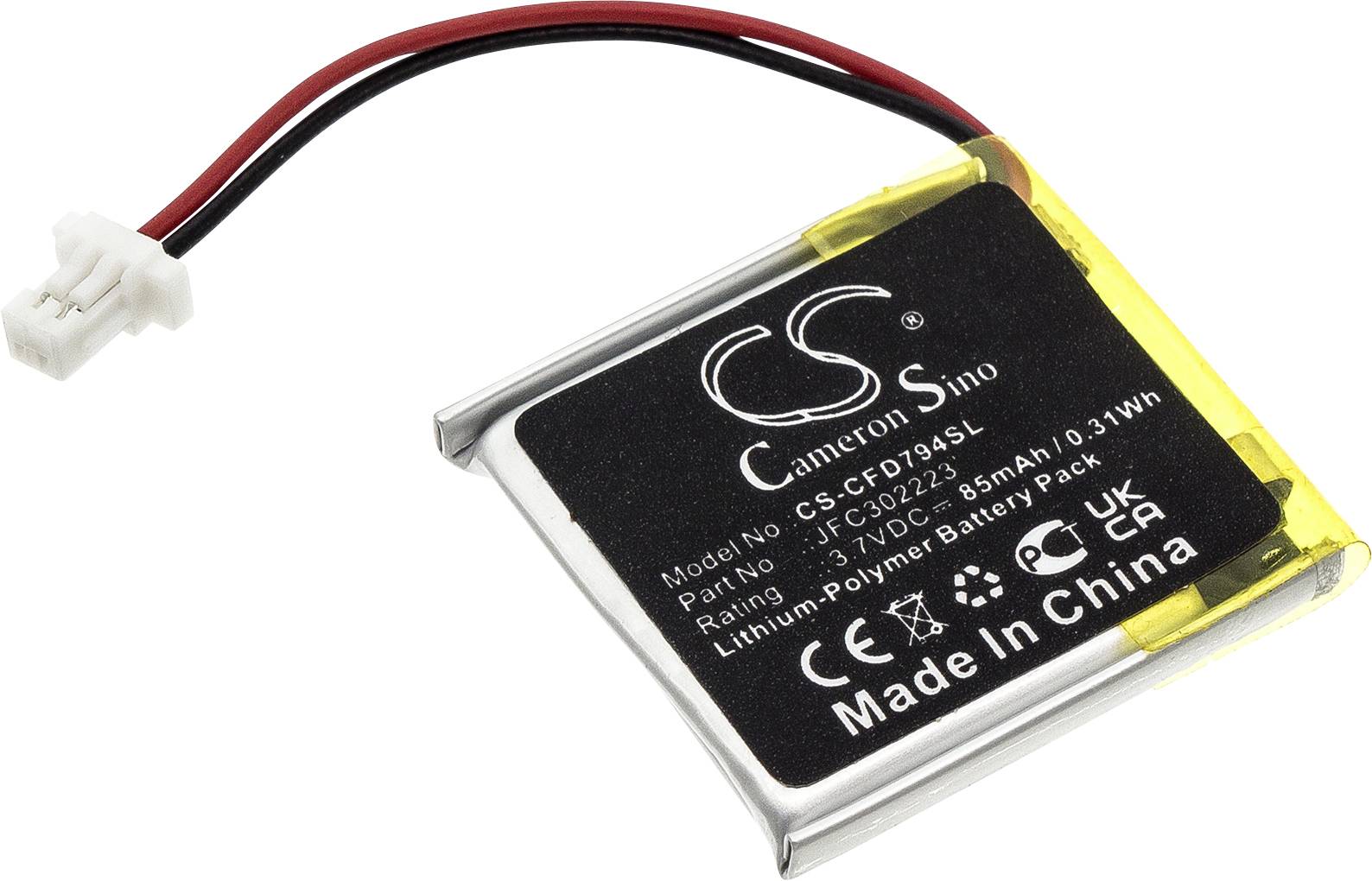 Lithium-Polymer-Batterie, Modell CS-CFQ793SL. Auf Schwarzem Etikett steht: 'Model No: CS-CFQ793SL, 3.7VDC, 35mAh, Made in China'.