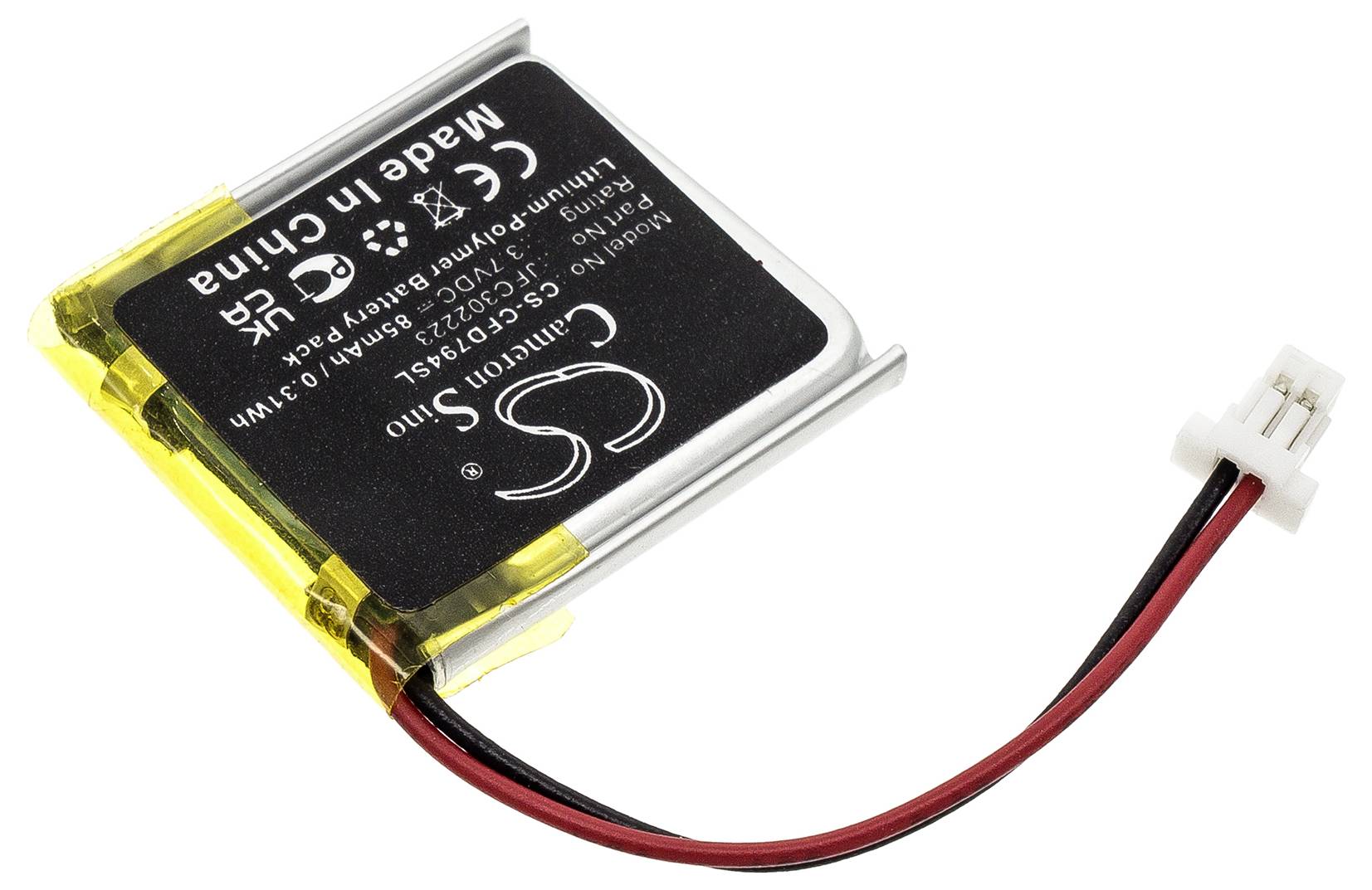Ein quadratischer Lithium-Polymer-Akku mit schwarzem Gehäuse und gelben Klebestreifen, verbunden mit einem weißen Stecker.