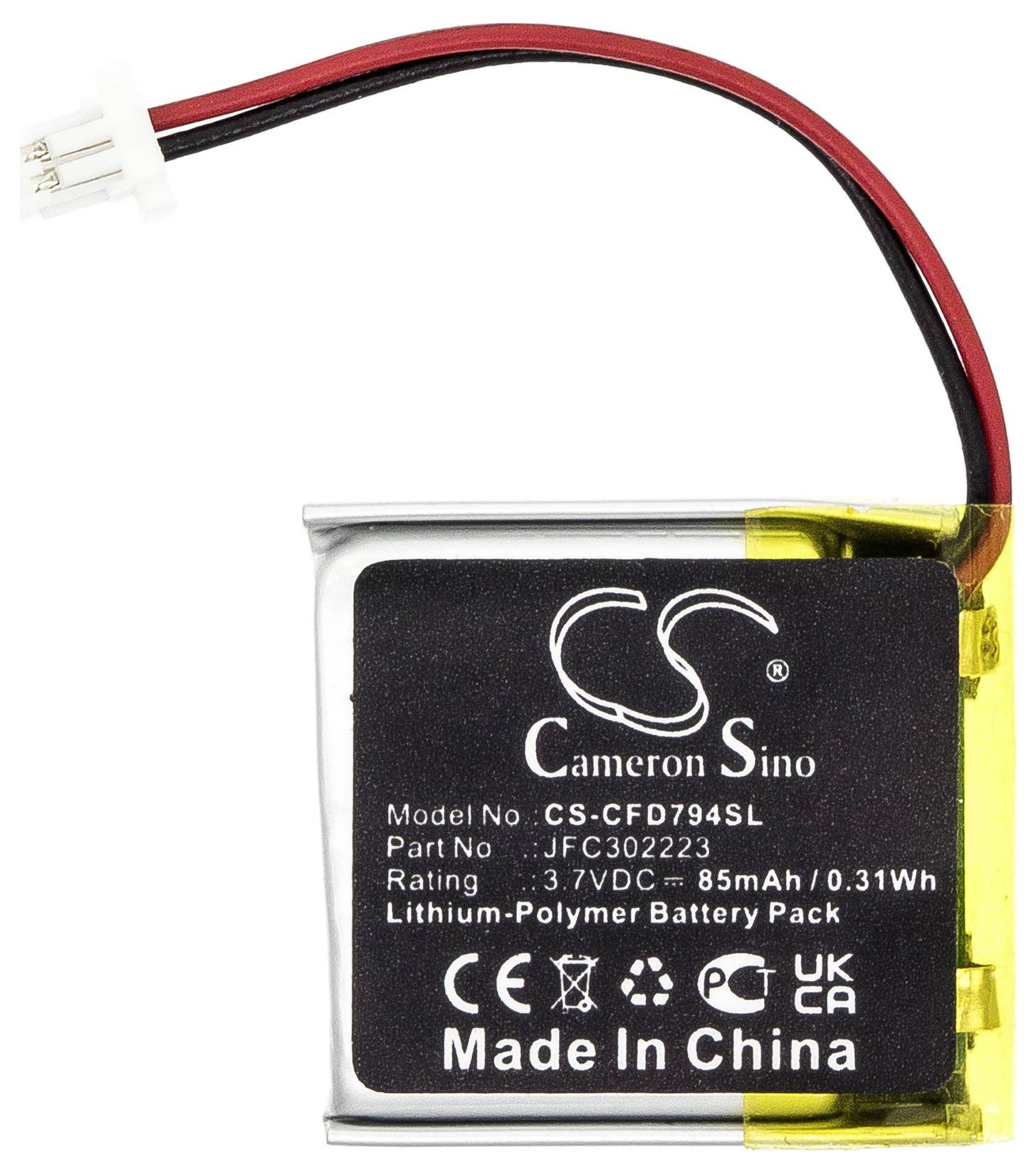 Lithium-Polymer-Batterie mit Aufdruck 'Cameron Sino'. Modellnummer CS-CFD7945L, 85mAh, 0,31Wh. Schwarzes Gehäuse mit roten und schwarzen Drähten.