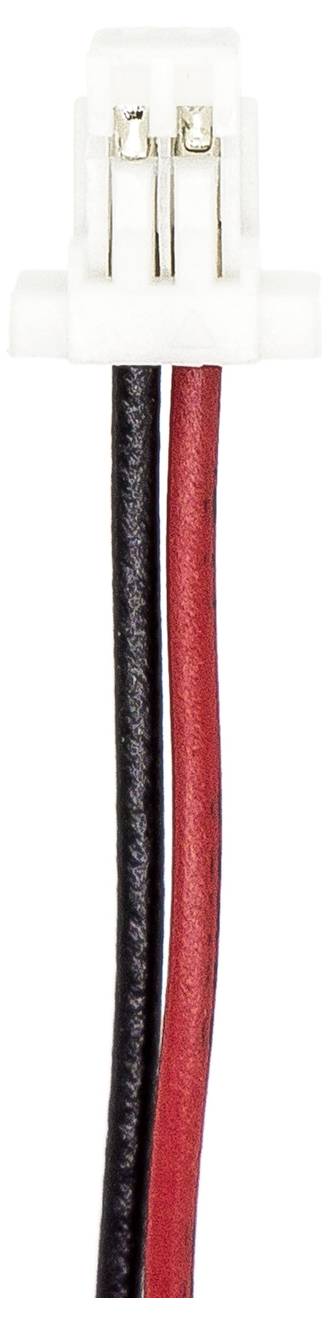 Zweiadriges Kabel mit weißem Stecker. Schwarzes und rotes Kabel für elektronische Verbindungen.