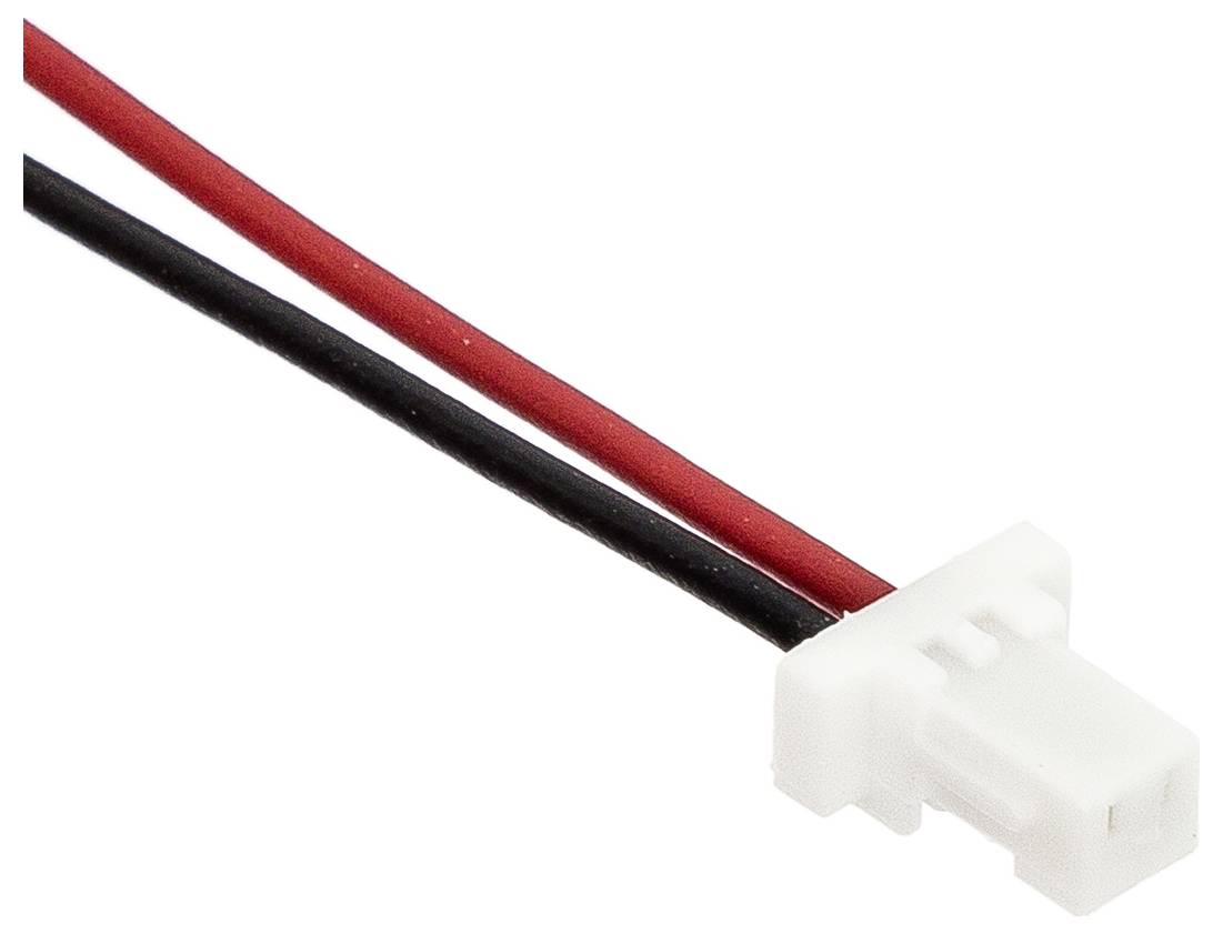 Ein weißer zweipoliger Stecker mit schwarzem und rotem Kabel, oft verwendet für elektronische Verbindungen.