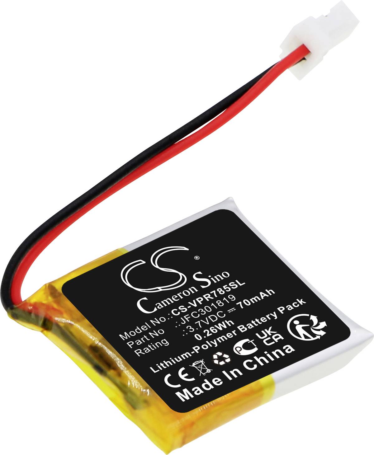 Kleiner, rechteckiger Lithium-Polymer-Akku mit Aufschrift 'Cameron Sino, Model No.: CS-VPR718SL, Rating: 3.7V 70mAh, Made in China'.