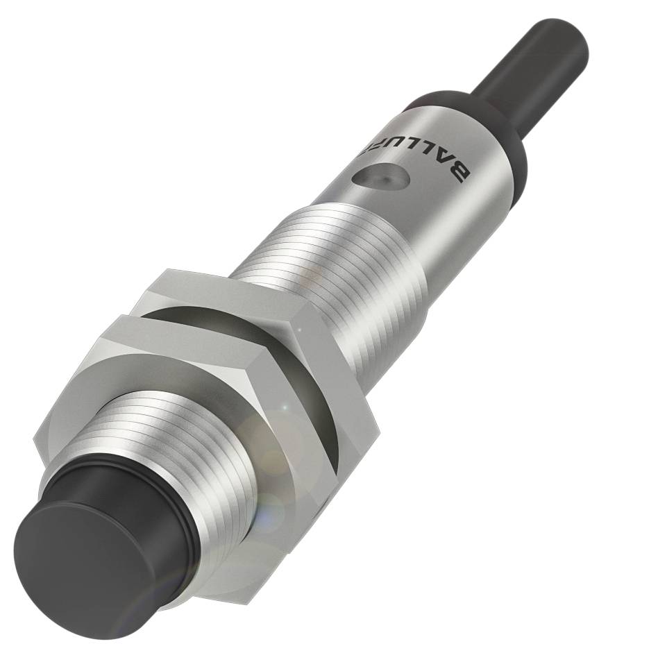 Ein zylindrischer Näherungssensor aus Metall mit Logo-Aufschrift, schwarzer Spitze und Schraubgewinde zur Befestigung.