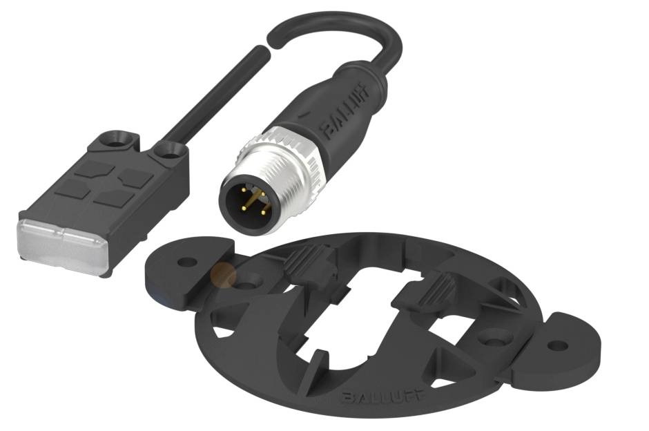 Ein industrieller Steckverbinder mit Kabel und Montageplatte. Der Steckverbinder hat ein rundes, mehrpoliges Design und ist mit einem Flachkabel verbunden.