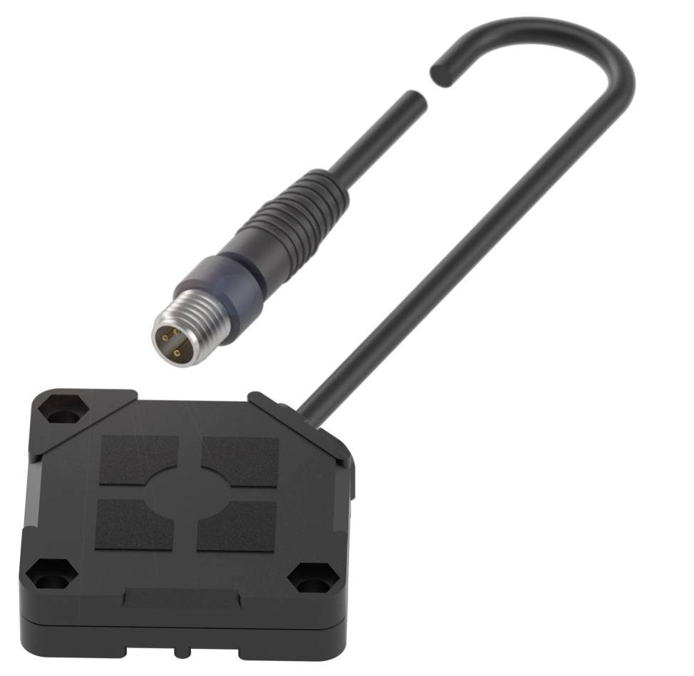 Schwarzer quadratischer Sensor mit Schraubanschluss und Kabel; verwendet in industriellen Anwendungen zur Datenerfassung.