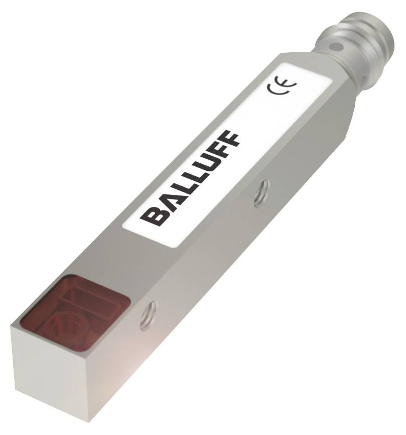 Ein zylindrischer, metallener Sensor mit der Aufschrift 'BALLUFF' und einem CE-Zeichen, vermutlich für industrielle Anwendungen.