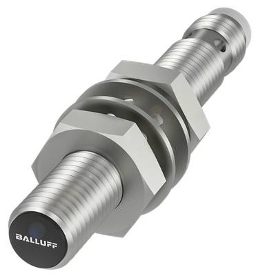 Ein grauer, zylindrischer Induktivsensor mit Gewinde, Muttern und Lichtring, auf dem 'Balluff' steht, vor weißem Hintergrund.