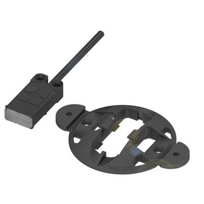 Schwarzer Sensor mit Kabel und runder Halterung. Ideal zur Befestigung an Oberflächen. Kompakt und funktional für technische Anwendungen.