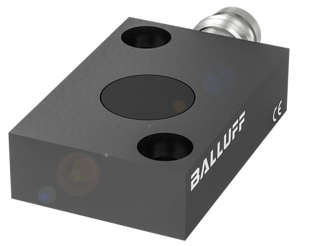 Ein rechteckiger Sensor mit zwei Kreislöchern auf der Oberseite und einem Anschluss. Der Name 'BALLUFF' ist auf der Seite abgebildet.