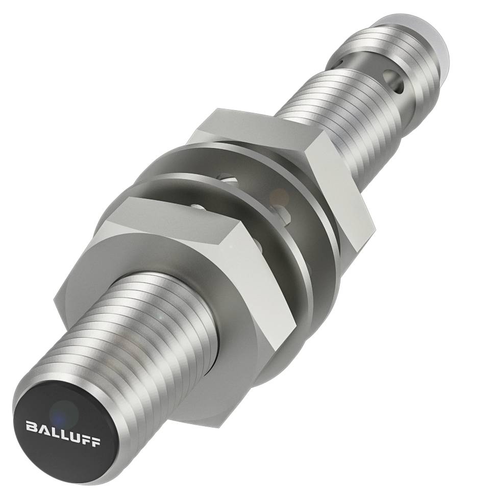Ein zylindrischer Sensor von Balluff aus Metall, mit Gewinde und zwei Sechskantmuttern.