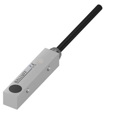 Magnetischer Sensor in rechteckiger Form mit Kabelanschluss. Gehäuse trägt die Aufschrift 'Balluff' und ein CE-Zeichen.