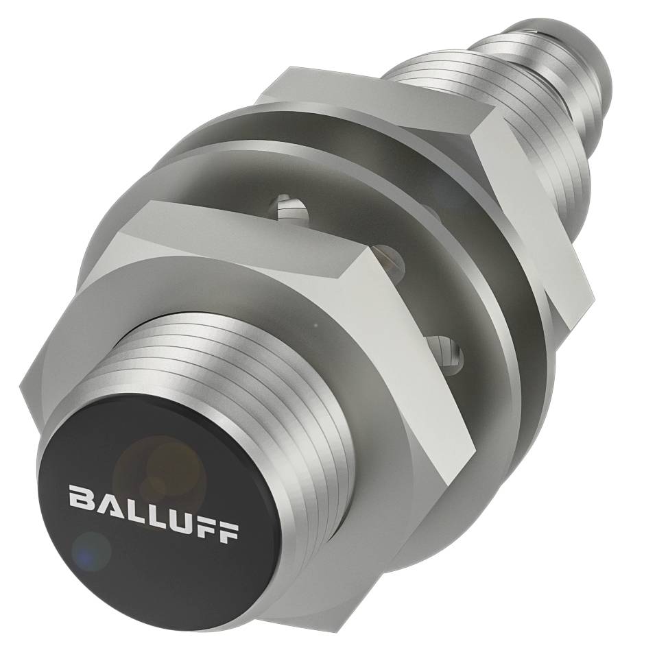 Ein zylindrischer, metallischer Sensor mit einem Gewinde zur Befestigung. Auf der Vorderseite steht 'Balluff'.