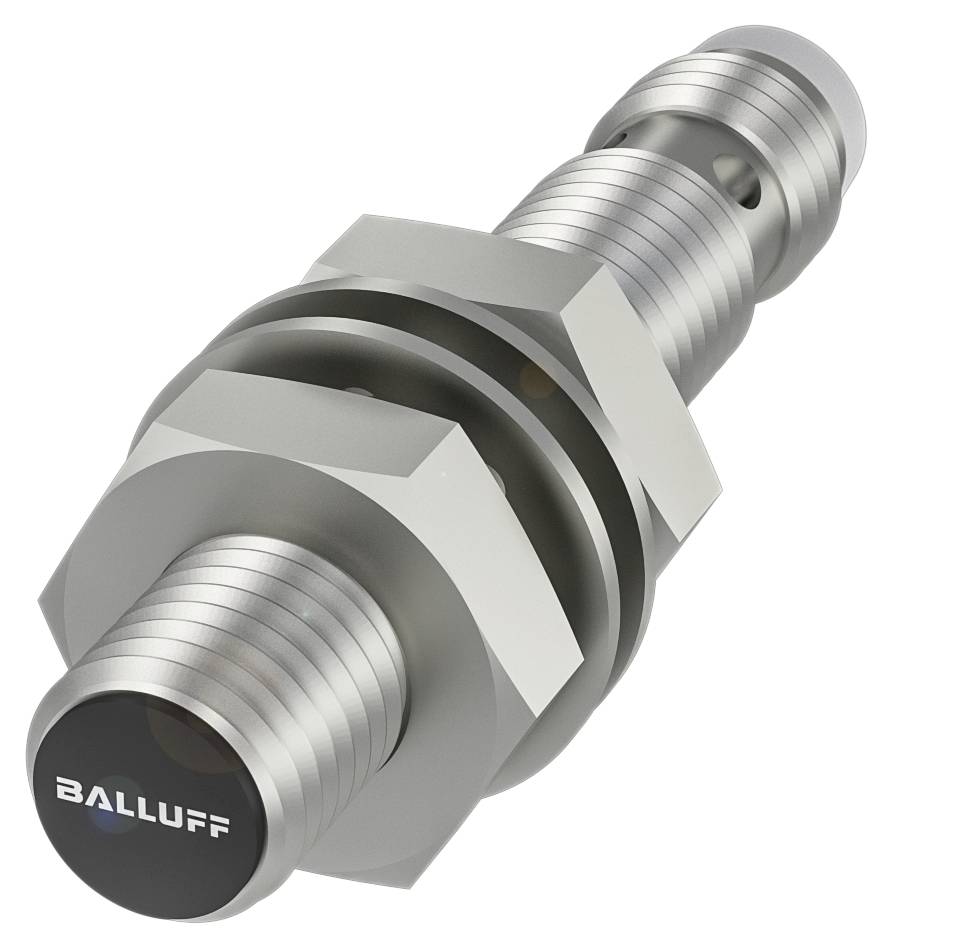 Ein zylindrischer Metallzylinder mit präzisen Schraubengewinden, markiert mit 'BALLUFF', vermutlich ein industrieller Sensor.